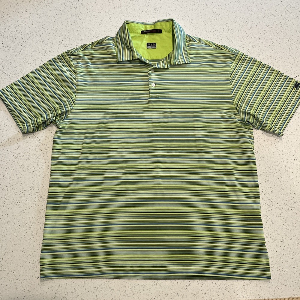 Nike Shirt Mens L Green Polo Short Sleeve Tiger Woods Collection Striped Dri-Fit